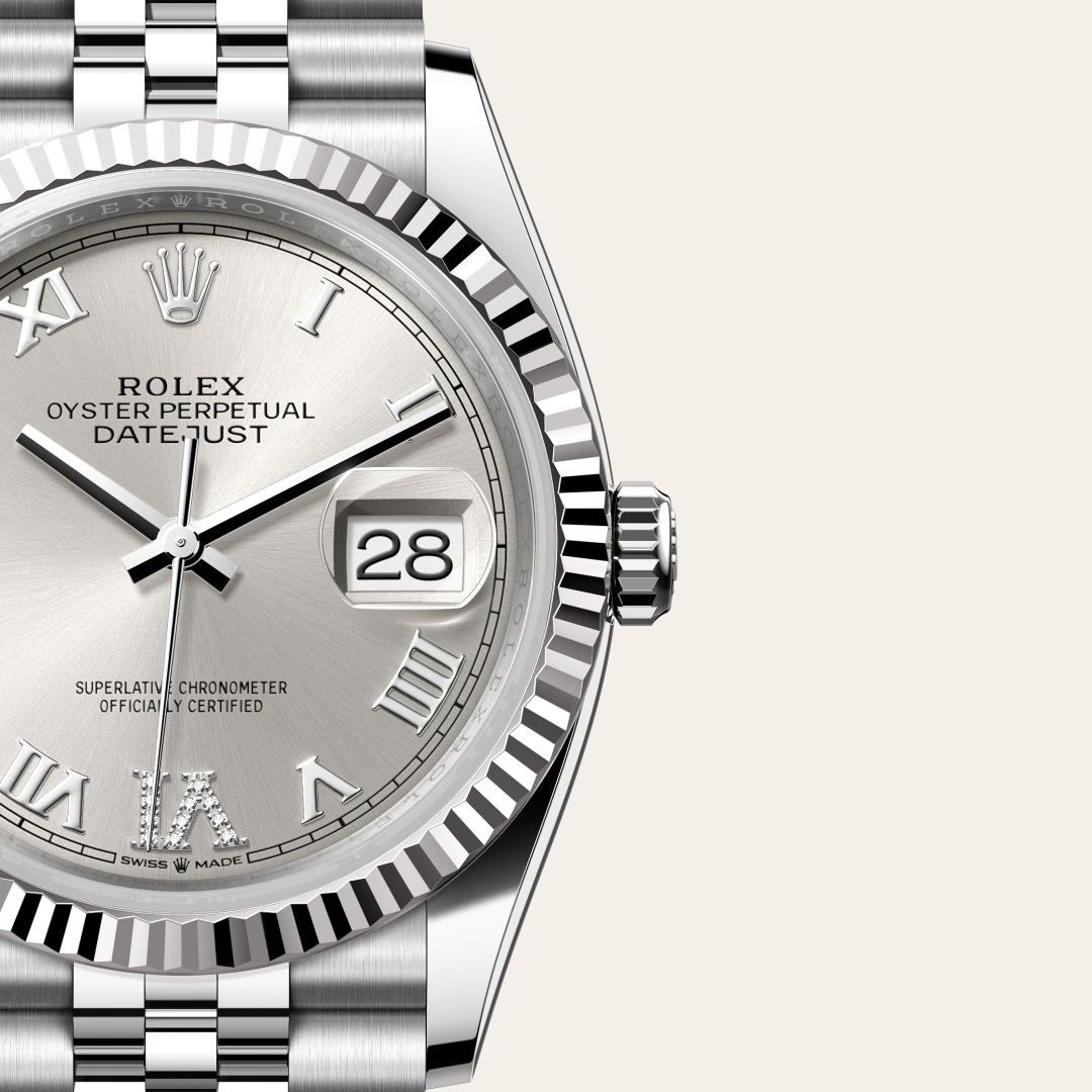 Rolex Datejust 36 en Rolesor gris – combinaison d’acier Oystersteel et d’or gris M126234-0029 chez Hardy