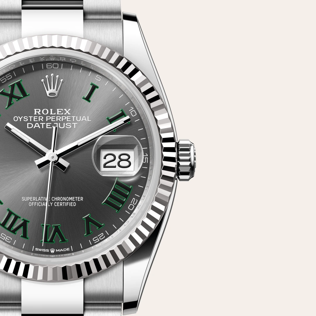 Rolex Datejust 36 en Rolesor gris – combinaison d’acier Oystersteel et d’or gris M126234-0046 chez Hardy