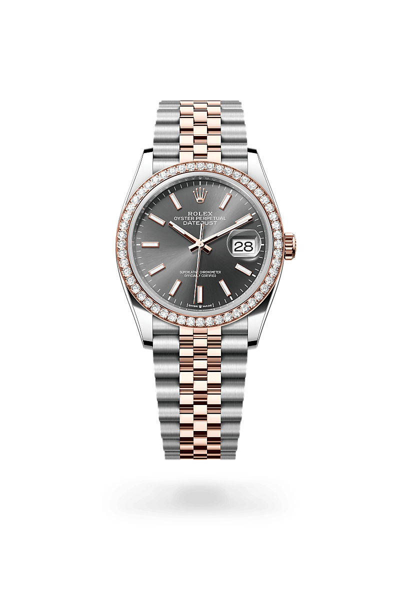 Rolex Datejust 36 Oyster, 36 mm, acier Oystersteel, or Everose et diamants - Dubail Paris - Vendôme