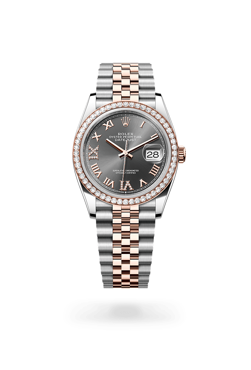 Rolex Datejust 36 Oyster, 36 mm, acier Oystersteel, or Everose et diamants - Raynal Horlogerie