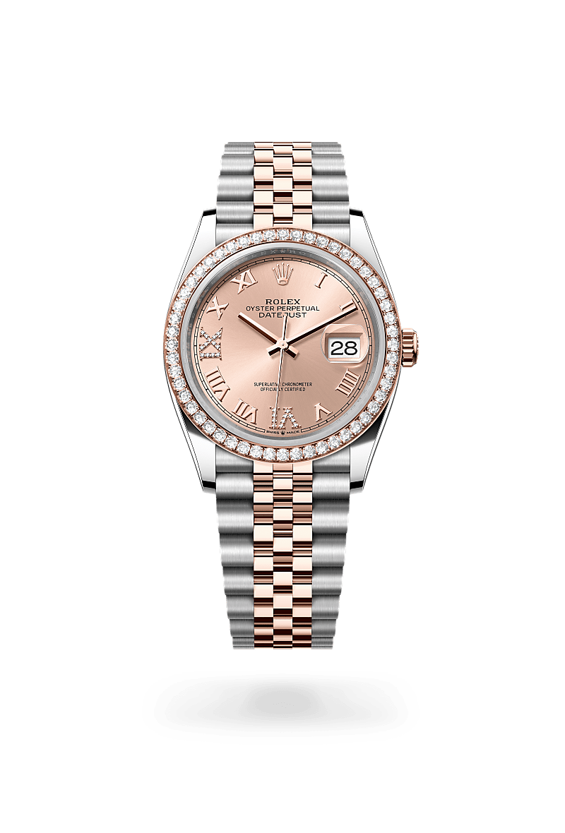Rolex Datejust 36 Oyster, 36 mm, acier Oystersteel, or Everose et diamants - Joaillerie Jean Hardy