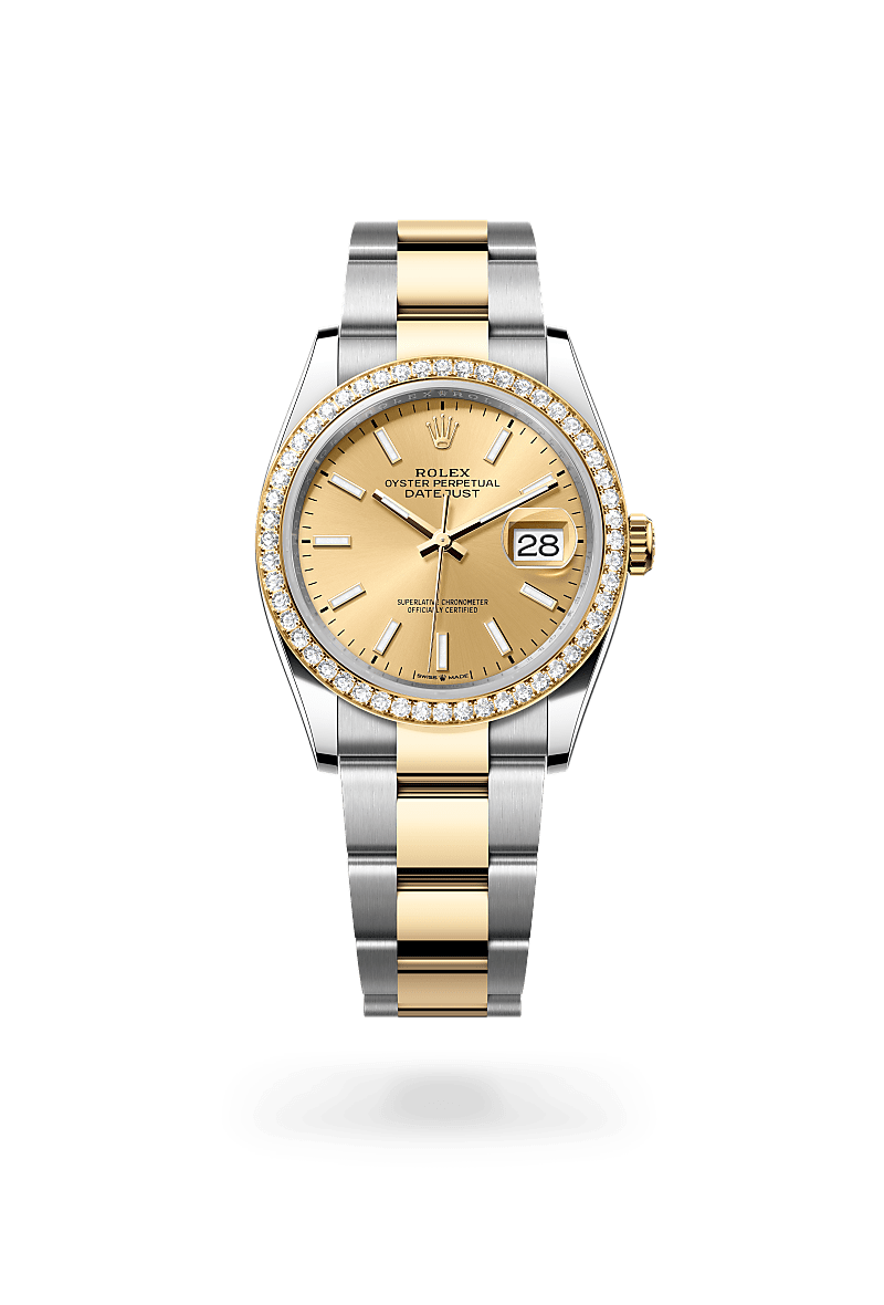 Rolex Datejust 36 Oyster, 36 mm, acier Oystersteel, or jaune et diamants - Boutique Rennes