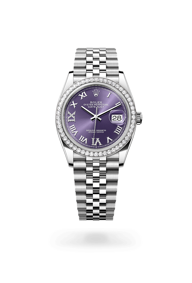 Rolex Datejust 36 Oyster, 36 mm, acier Oystersteel, or gris et diamants - Lombard Horloger