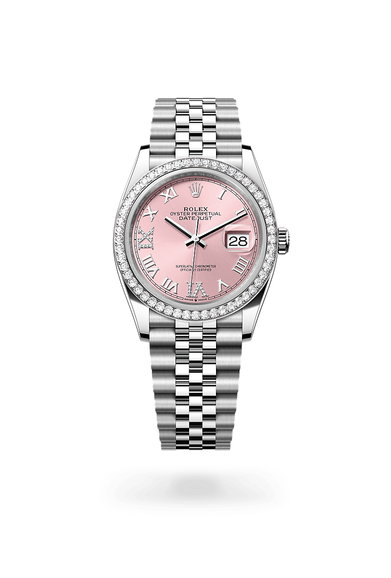 Rolex Datejust 36 Oyster, 36 mm, acier Oystersteel, or gris et diamants - Joaillerie Jean Hardy