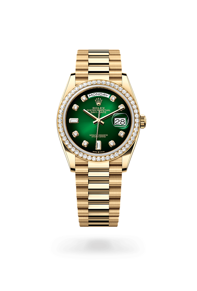 Rolex Day-Date 36 Oyster, 36 mm, or jaune et diamants - Prieur Rennes