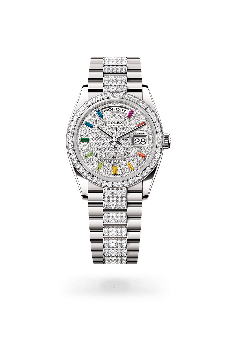 Rolex Day-Date 36 Oyster, 36 mm, or gris et diamants - Raynal Horlogerie
