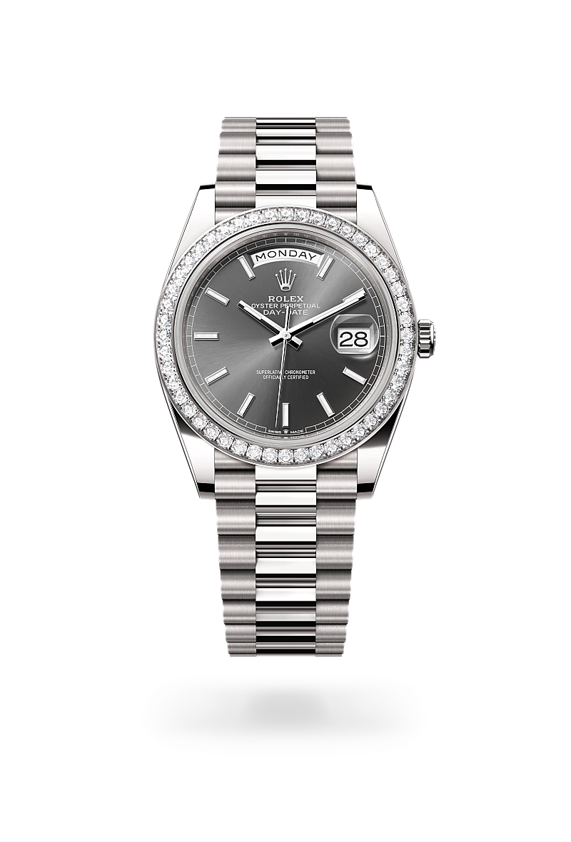 Rolex Day-Date 40 Oyster, 40 mm, or gris et diamants - Dubail Paris - Vendôme