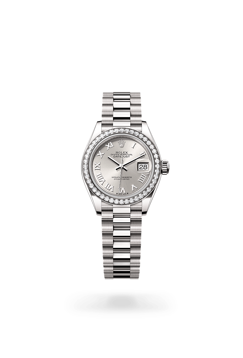 Rolex Lady-Datejust Oyster, 28 mm, or gris et diamants - Maison Sainte-Catherine