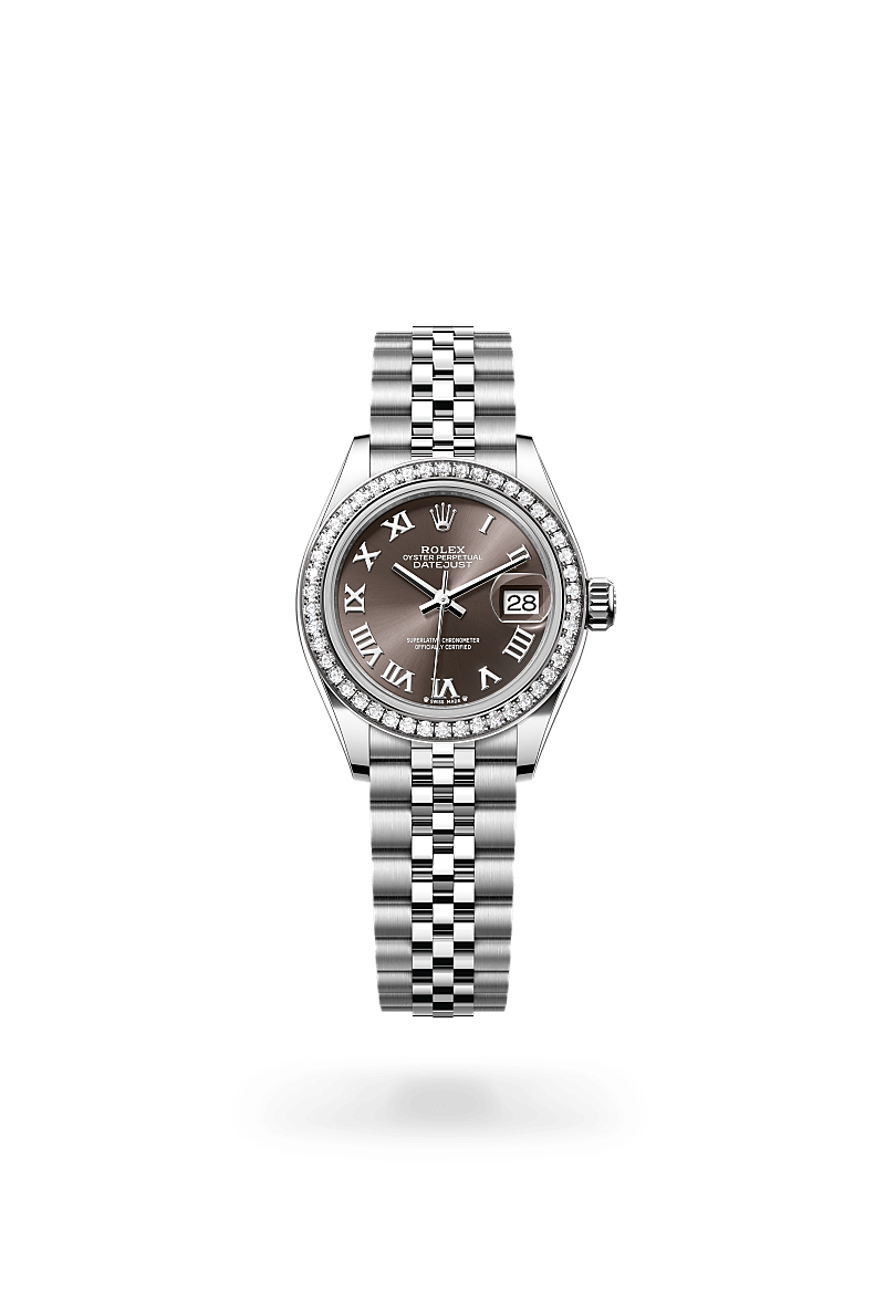 Rolex Lady-Datejust Oyster, 28 mm, acier Oystersteel, or gris et diamants - Maison Sainte-Catherine