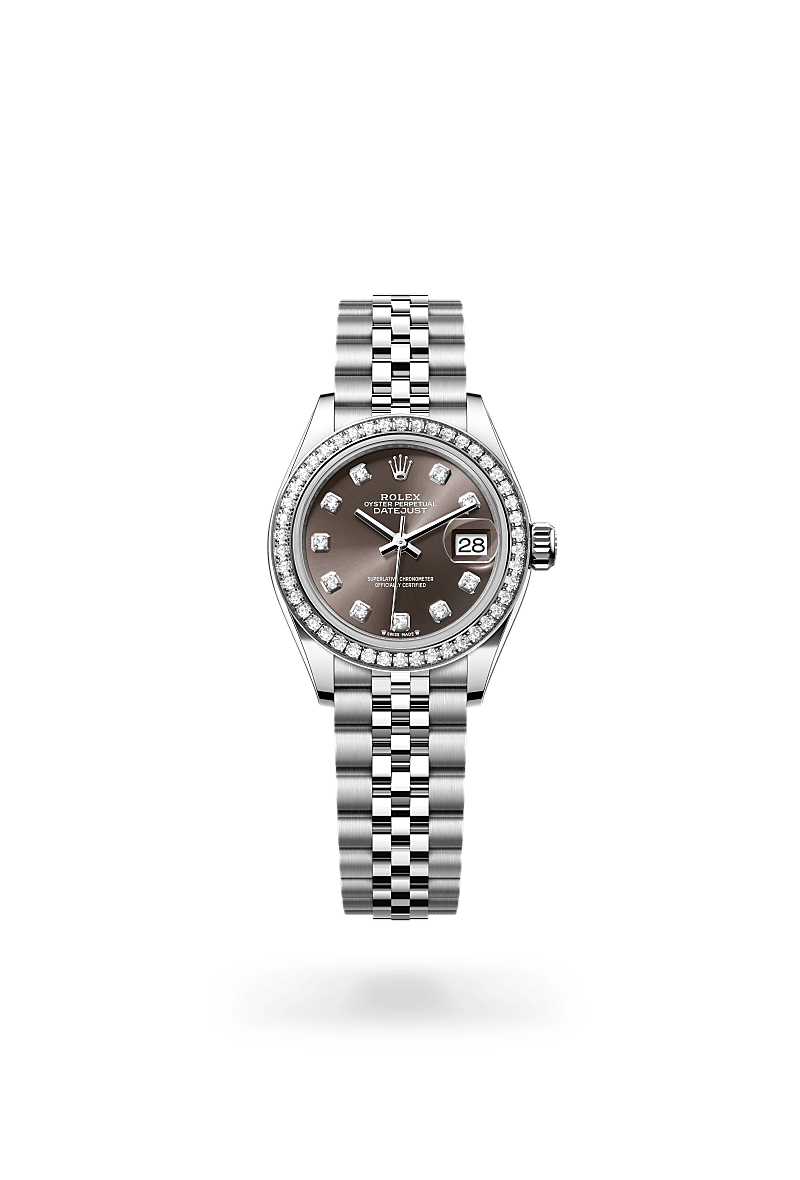Rolex Lady-Datejust Oyster, 28 mm, acier Oystersteel, or gris et diamants - Maison Sainte-Catherine