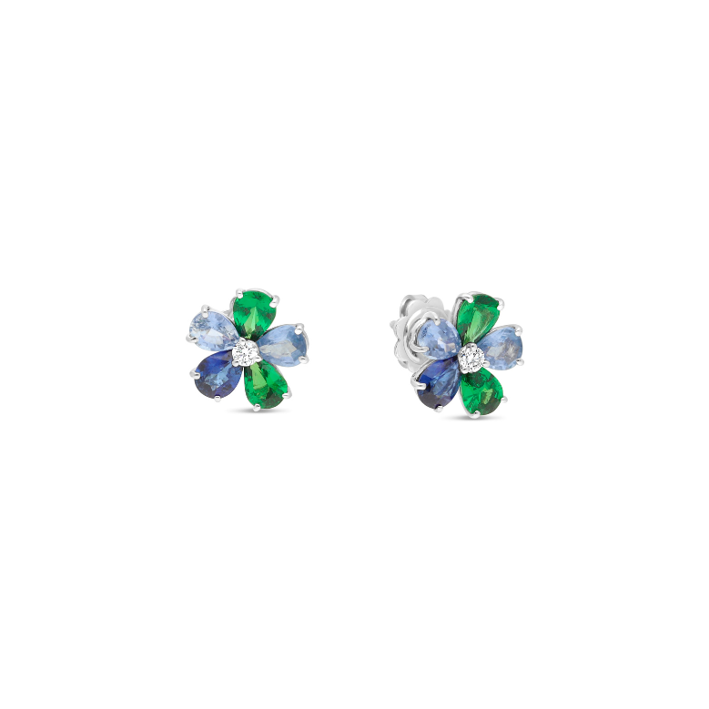 Boucles d'oreilles Raynal Fleur en or blanc diamant, saphirs et tsavorites