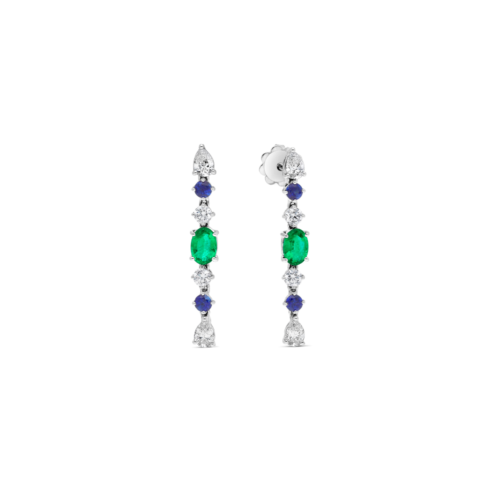 Boucles d'oreilles Raynal en or blanc diamants, saphirs et émeraudes