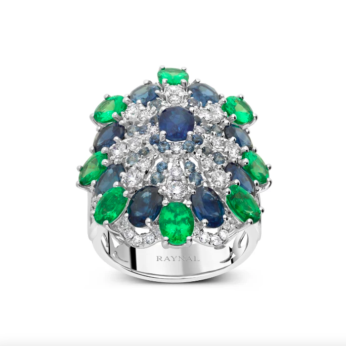 Bague Majesté Florale Raynal en or blanc diamants, saphirs et tsavorites