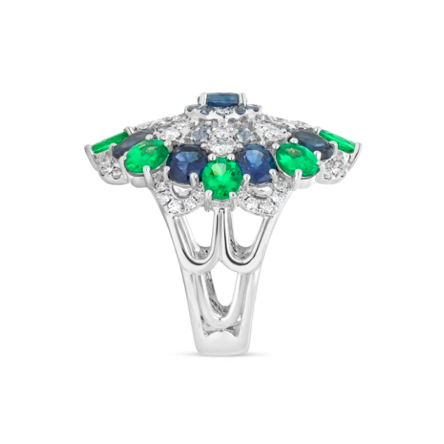 Bague Majesté Florale Raynal en or blanc diamants, saphirs et tsavorites