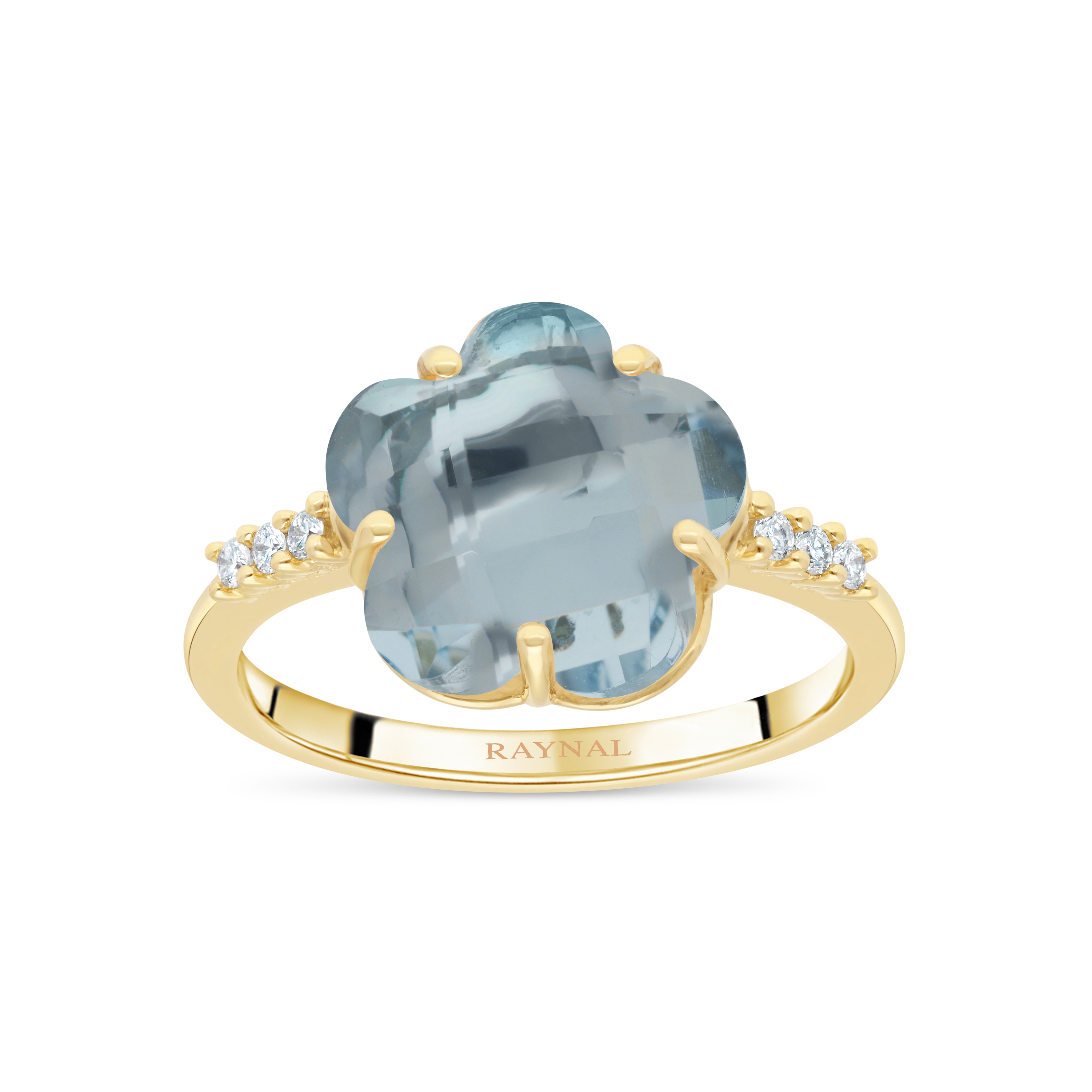 Bague Fleur de Lumière – Or jaune, topaze bleue et diamants.