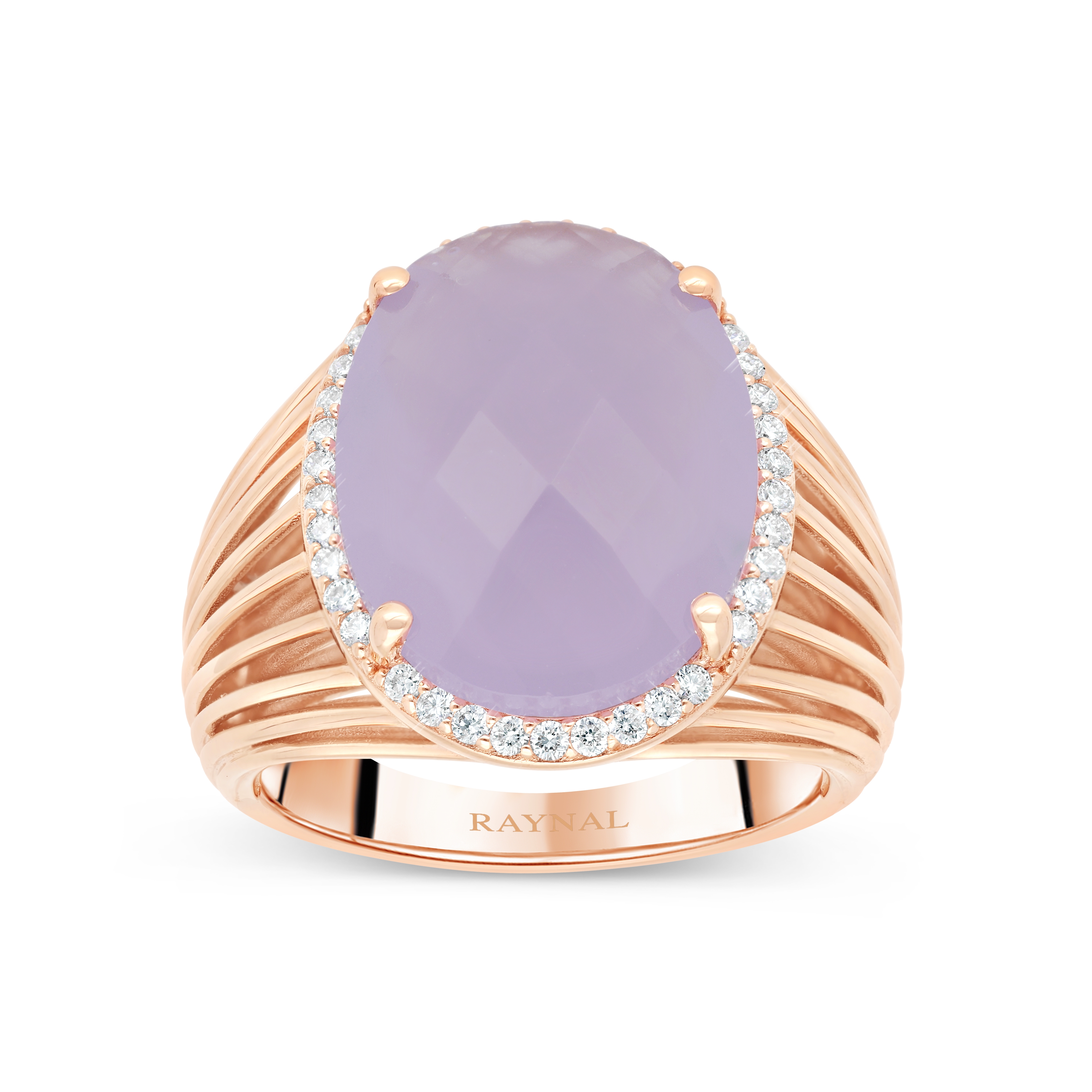 Bague Raynal Godrons or rose agate diamants
