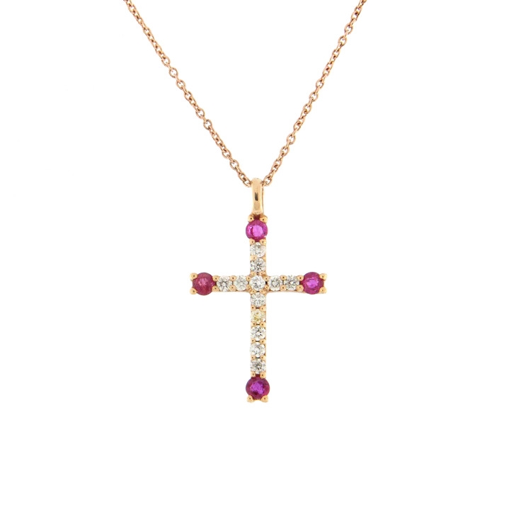 Pendentif Croix Eclat de Foi en or rose diamants rubis