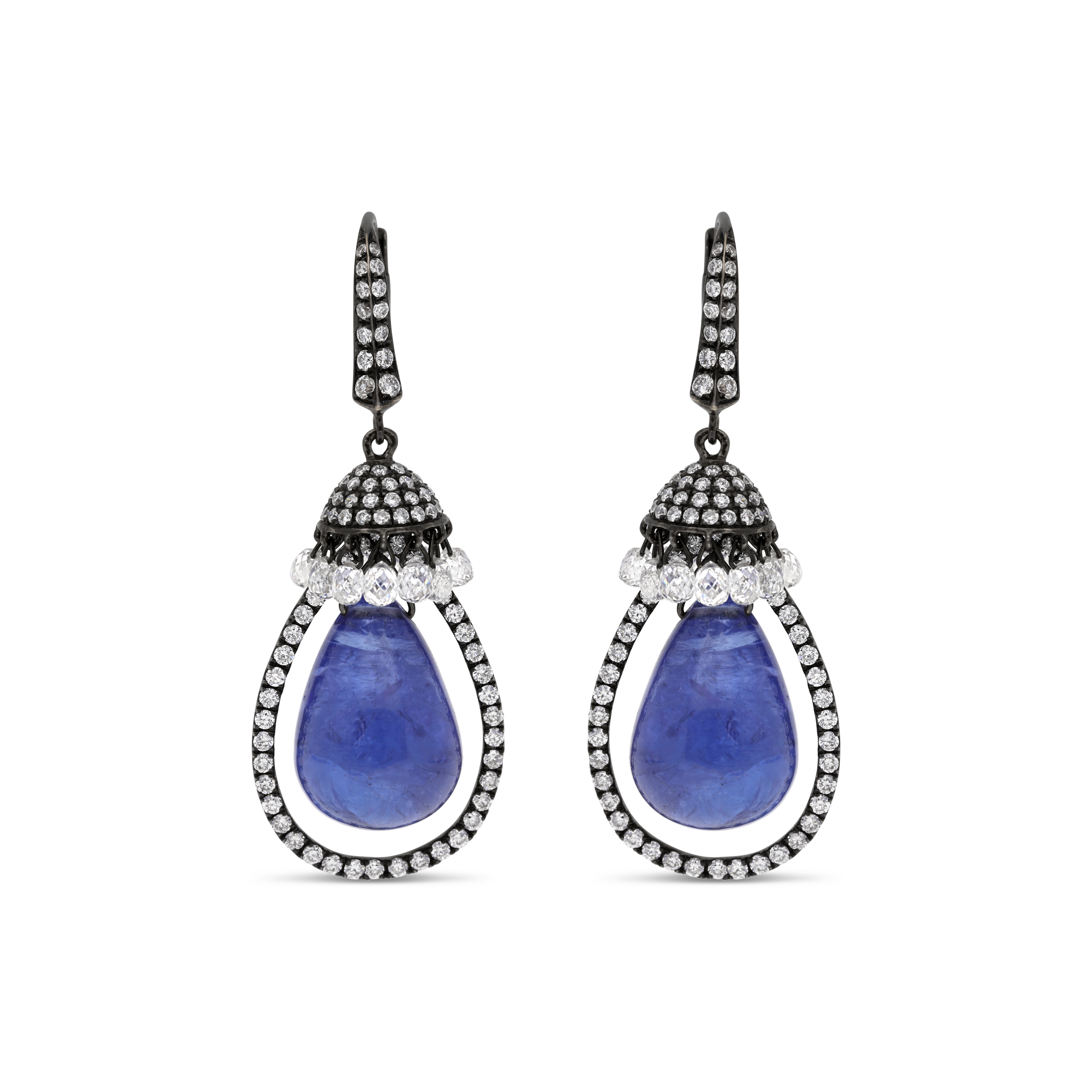 Boucles d'Oreilles "Rosée du Jour" Tanzanites, Or noirci, Diamants