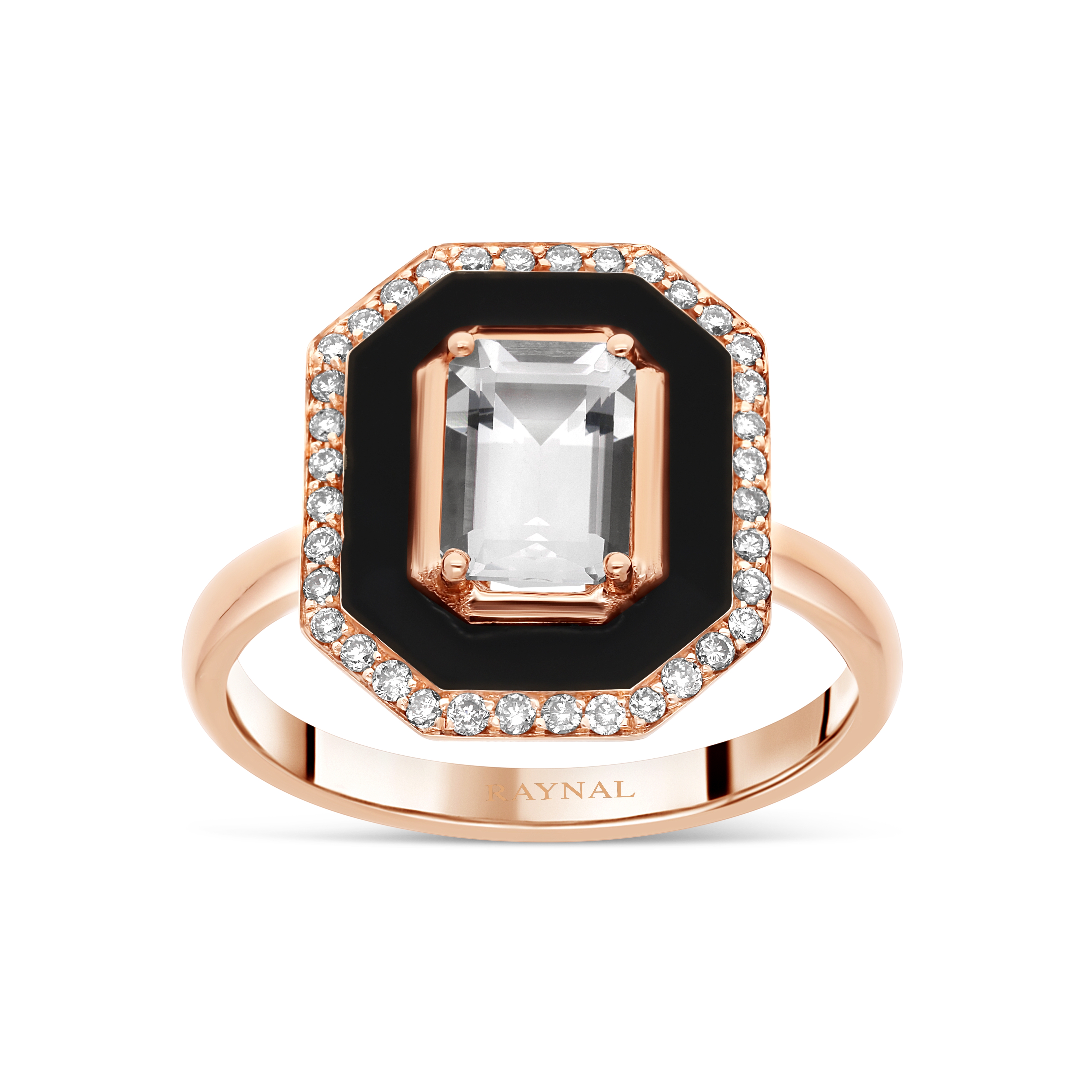 Bague Art Deco Eternelle or rose, Laque, Diamant, Topaze