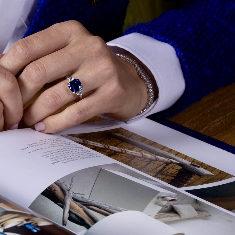 Bague Raynal Symphonie Bleue or blanc diamant saphir