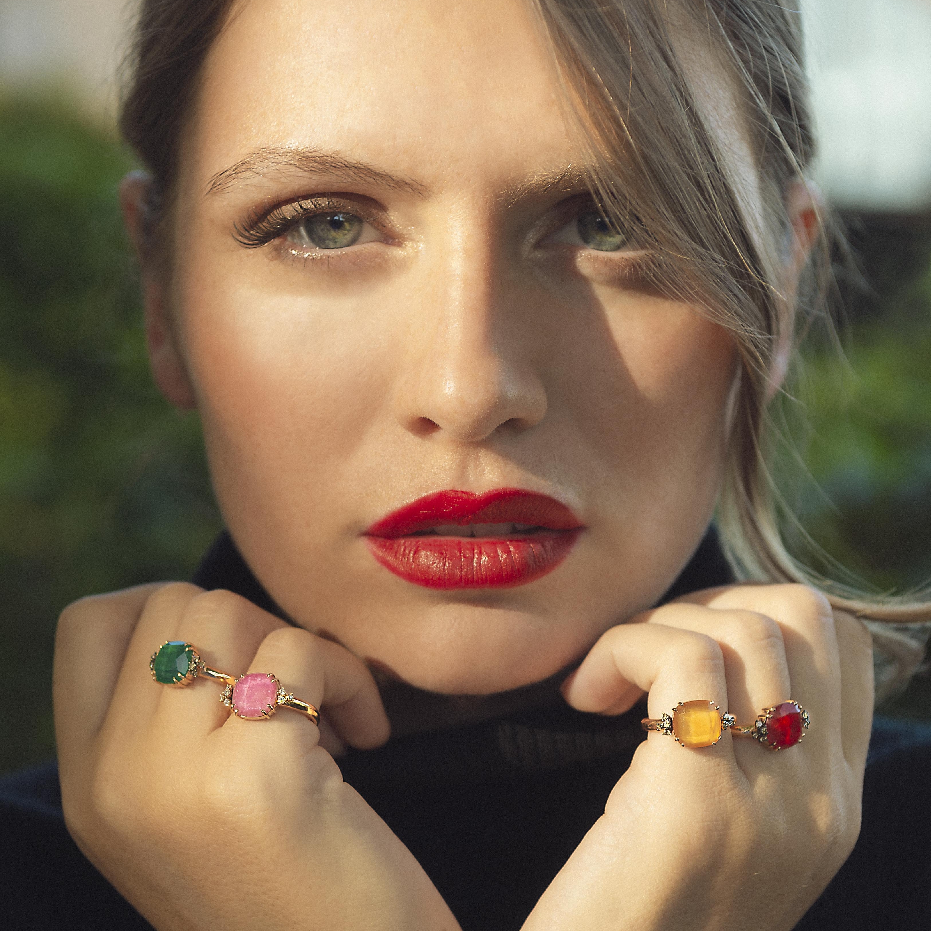 Bague Bonbon or rose diamants, grenat mandarine, cristal