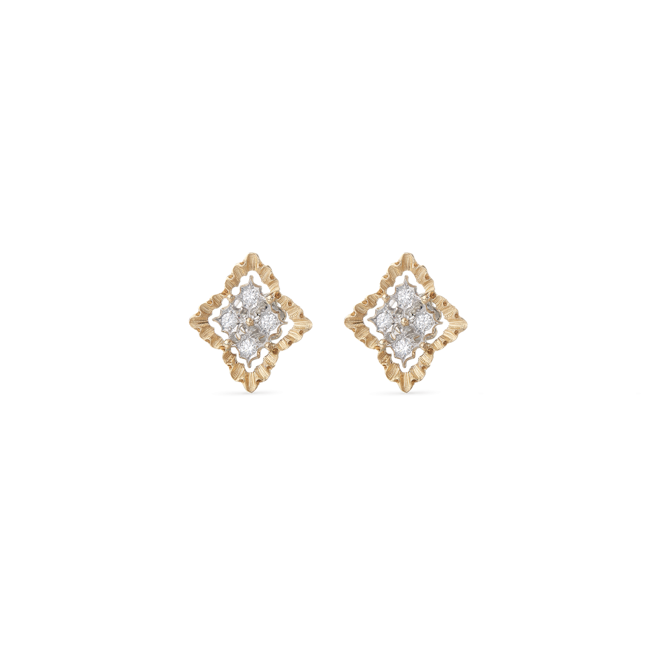 Boucles d'Oreilles Rombi or jaune et blanc avec diamants.