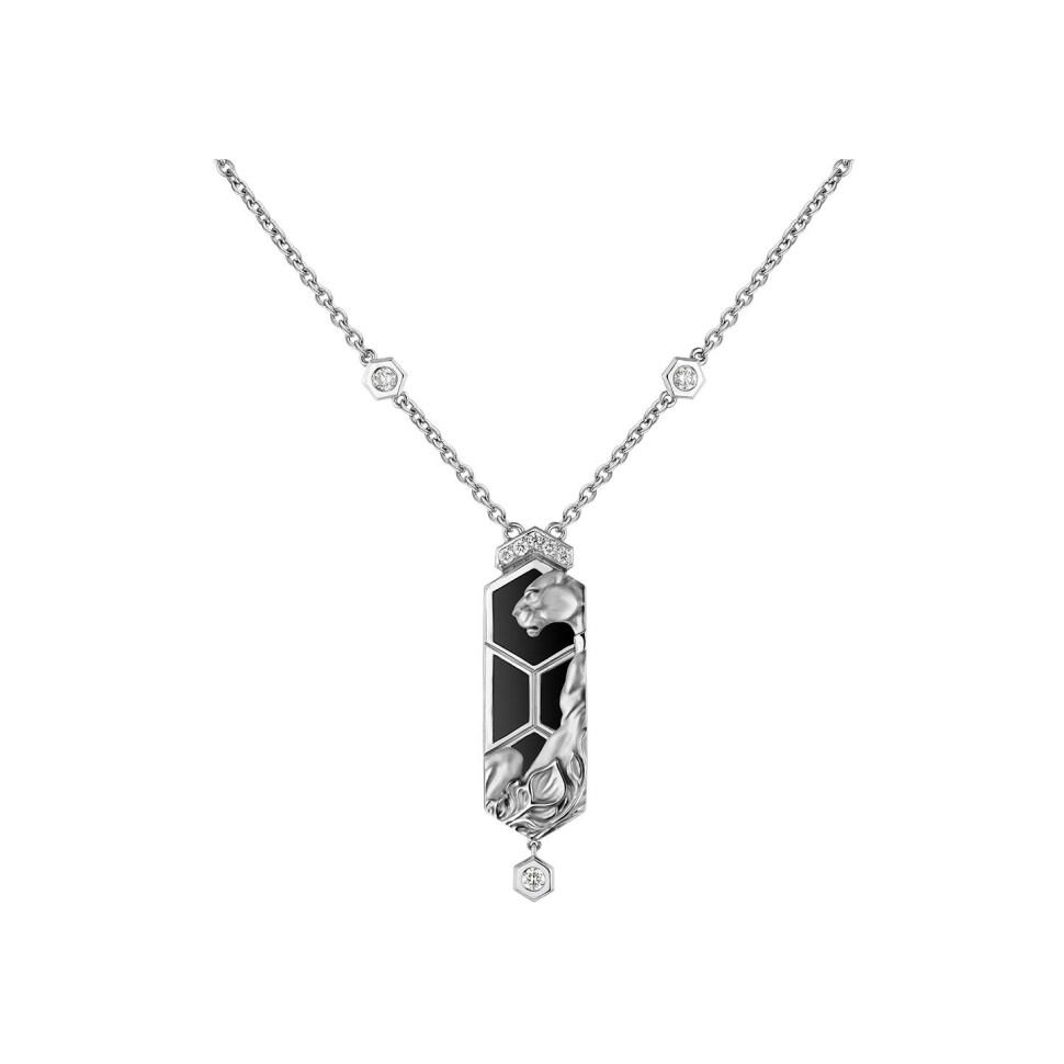 Hexagon Pendant in white gold with diamonds and onyx