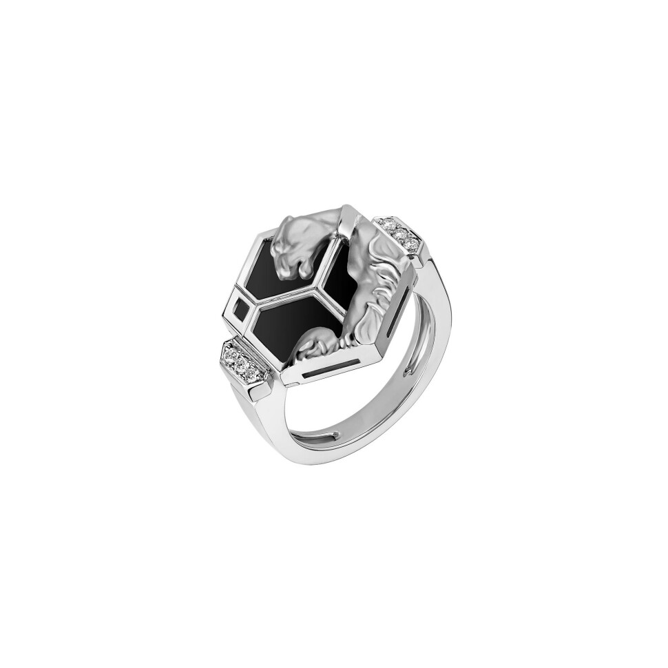 Hexagon Ring in white gold with diamonds and onyx