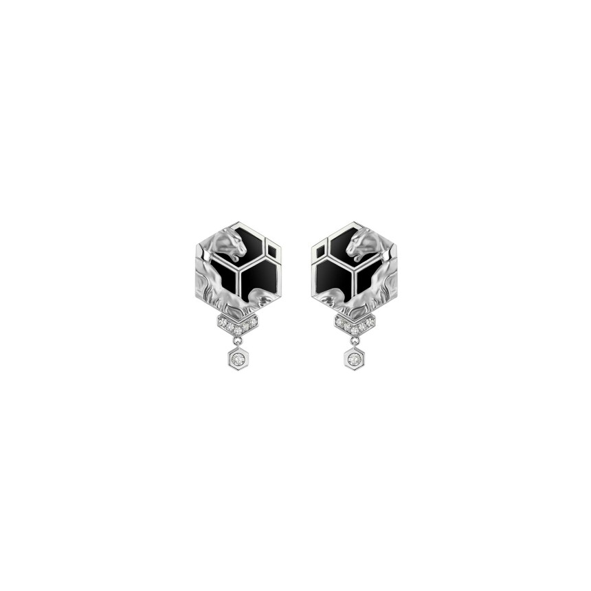 Hexagon Earrings in white gold with diamonds and onyx