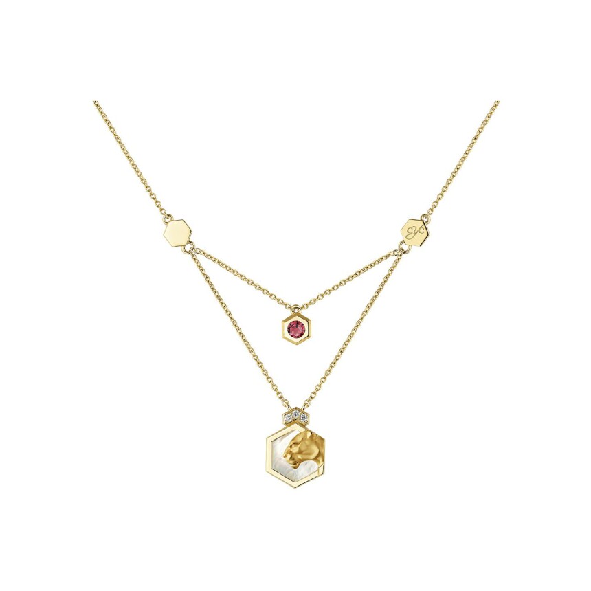 Hexagon Mini Pendant in yellow gold with diamonds, rubelite and mother of pearl