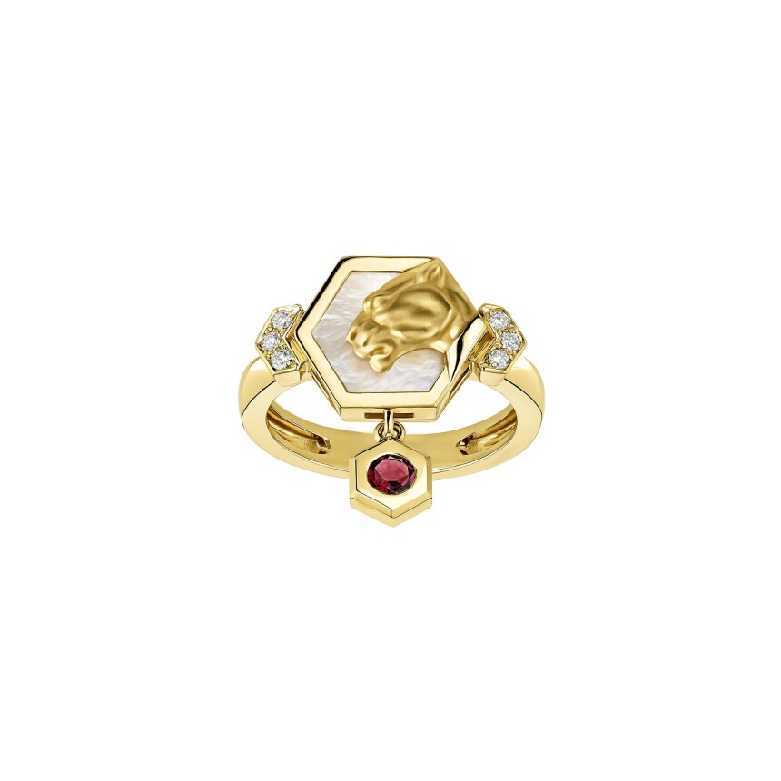 Hexagon Mini Ring in yellow gold with diamonds, rubelite and mother of pearl