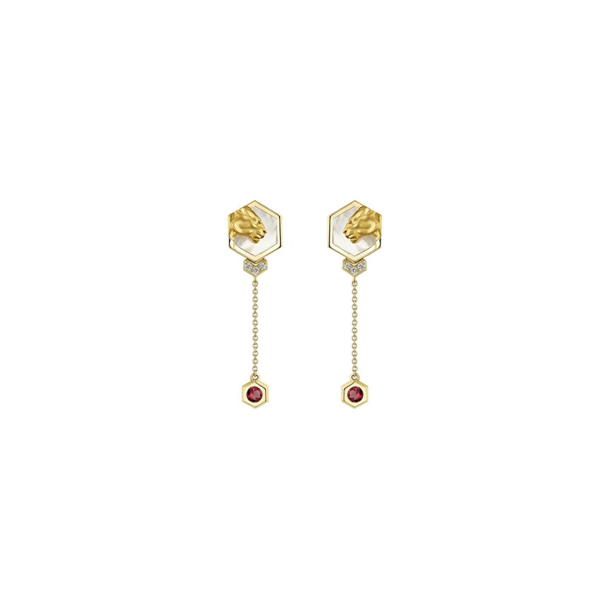 Hexagon Mini Earrings in yellow gold with diamonds, rubelite and mother of pearl