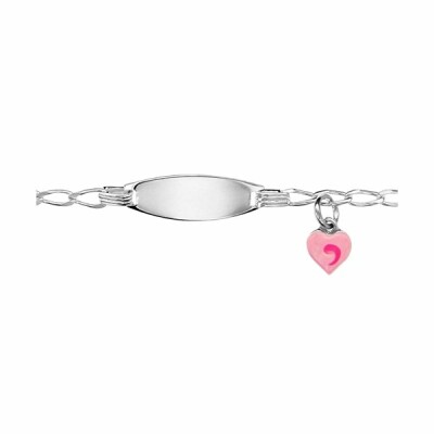 Gourmette identité bébé plaque ovale + motif cœur rose maille cheval 15cm 13cm argent rhodié