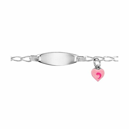 Gourmette identité bébé plaque ovale + motif cœur rose maille cheval 15cm 13cm argent rhodié