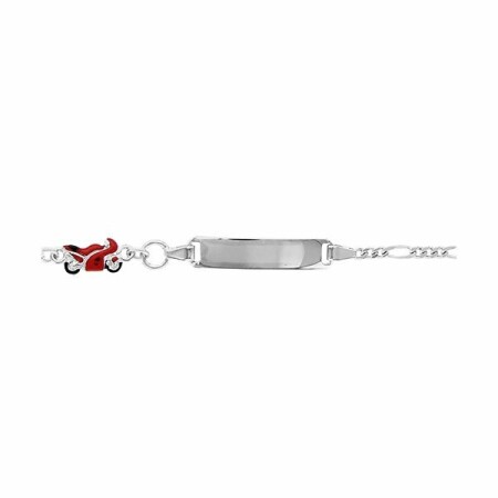 Gourmette identité argent rhodié enfant plaque droite motif moto course maille alternée 1+3 16cm