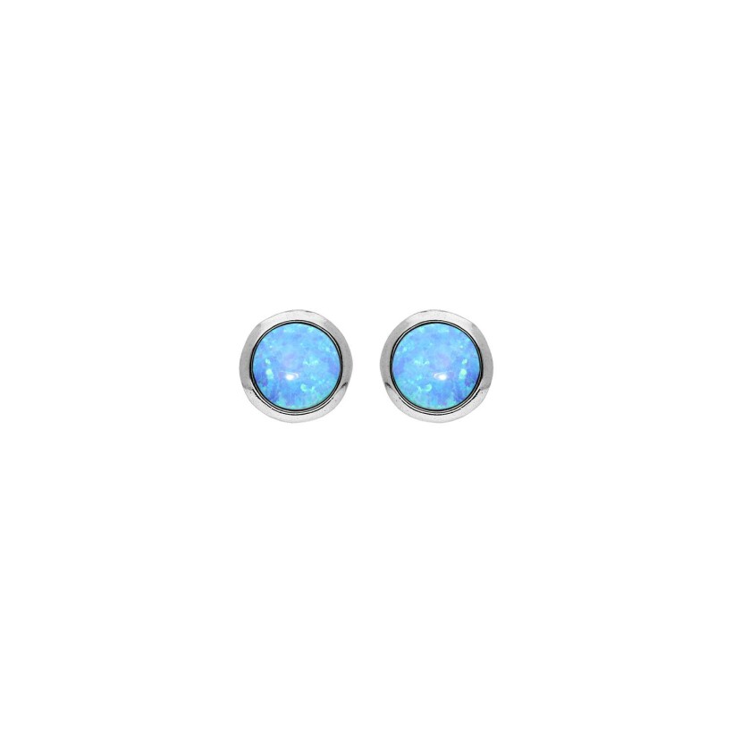 Boucles d'oreilles tige argent rhodié opale bleue ronde véritable