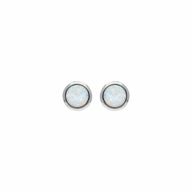 Boucles d'oreilles tige argent rhodié opale blanche ronde véritable
