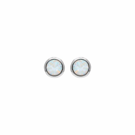 Boucles d'oreilles tige argent rhodié opale blanche ronde véritable