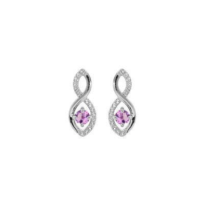 Boucles d'oreilles tige argent rhodié infini améthyste véritable et oxydes blancs sertis