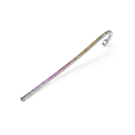 Rainbow bracelet, white gold, TE multicoloured sapphires 2.5 mm princess cut, 1 row diamonds