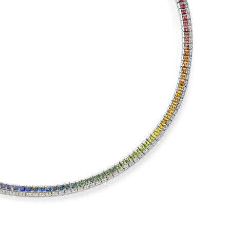 Rainbow necklace, white gold, TE multicoloured sapphires 2.5 mm princess cut, 1 row diamonds