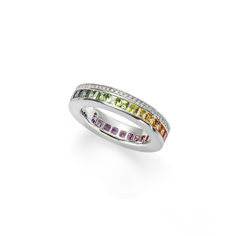 Rainbow ring, white gold, TE multicoloured sapphires 2.5 mm princess cut, 1 row diamonds