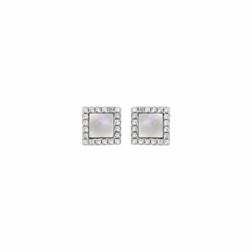 Boucles d'oreilles tige argent rhodié carré nacre blanche contour oxydes blancs sertis