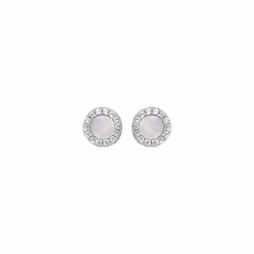 Boucles d'oreilles tige argent rhodié ronde nacre blanche contour oxydes blancs sertis