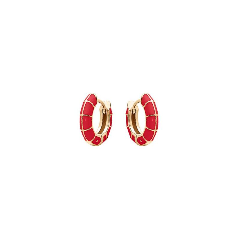 Boucles d'oreilles créoles articulées en argent doré et résine rouge