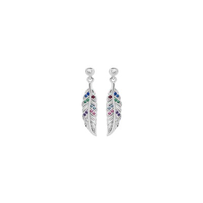 Boucles d'oreilles tige argent rhodié plume oxydes multi couleurs