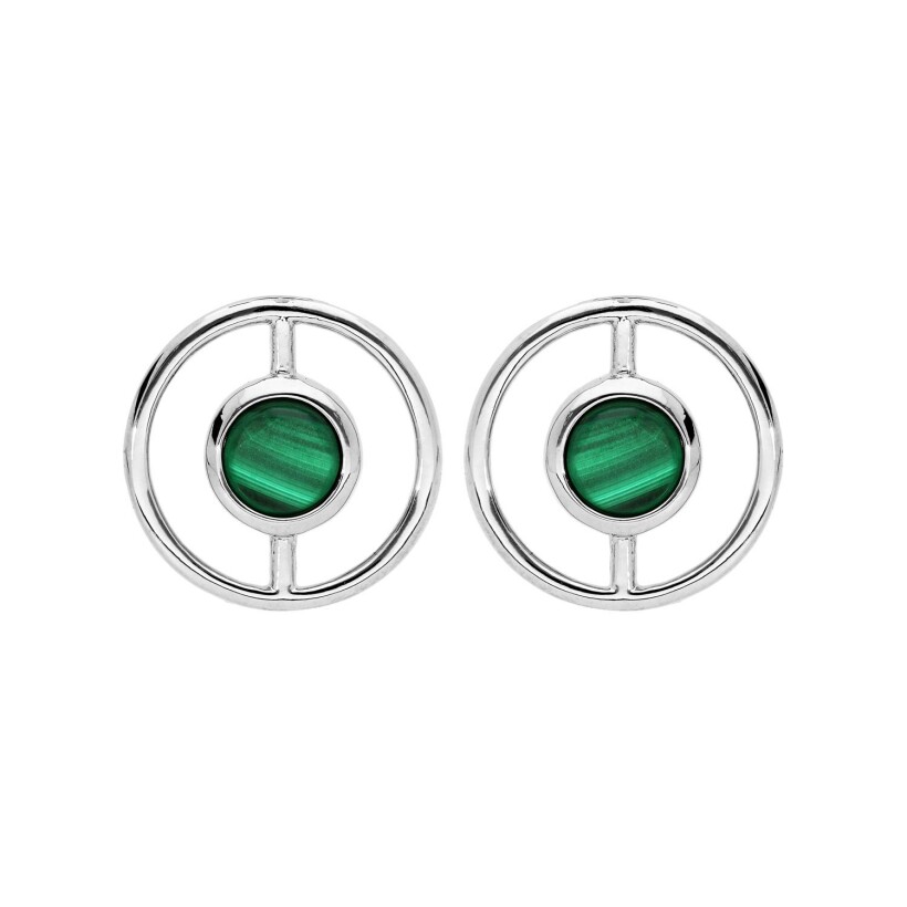 Boucles d'oreilles argent rhodié ronde evidé pierre malachite