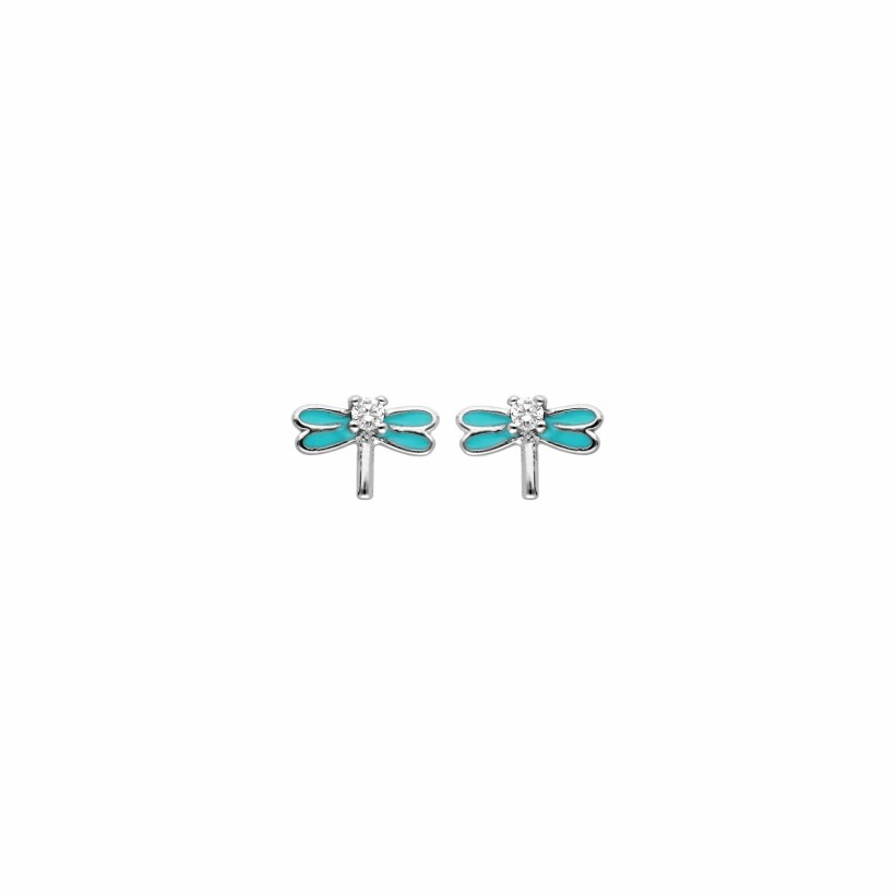 Boucles d'oreilles en argent rhodié, libellules en résine turquoise et oxydes de zirconium