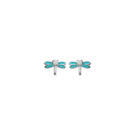 Boucles d'oreilles en argent rhodié, libellules en résine turquoise et oxydes de zirconium