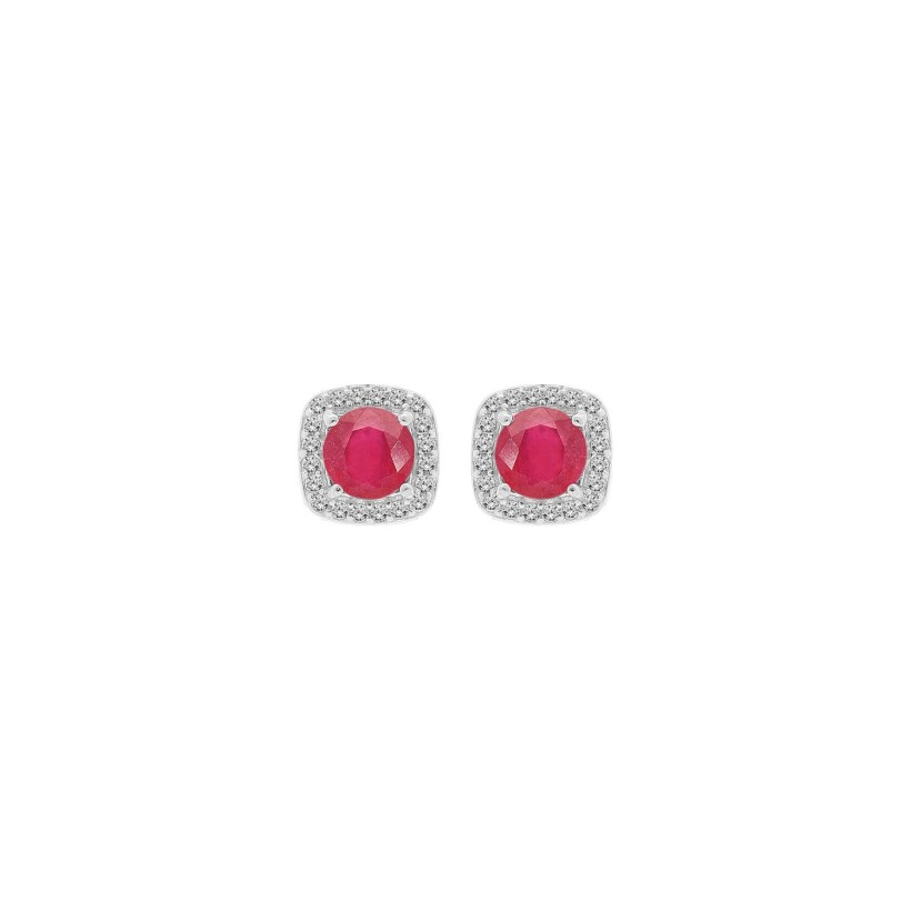 Boucles d'oreilles tige argent rhodié rubis véritable contour forme carré